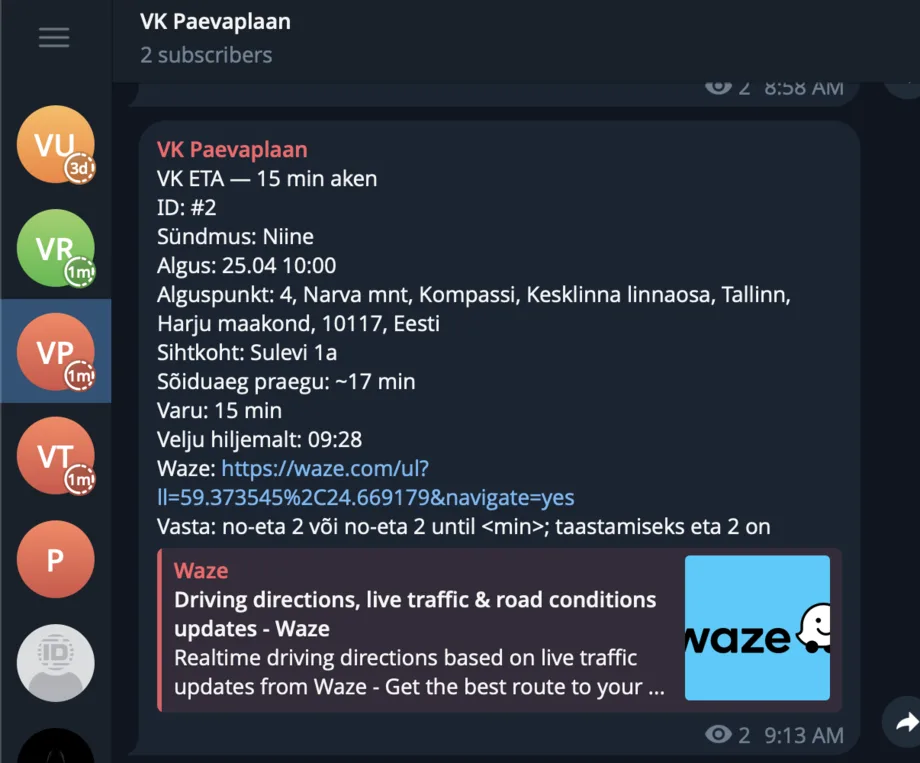 Hermes AI Telegrami päevaplaani ja ETA teavituse näide