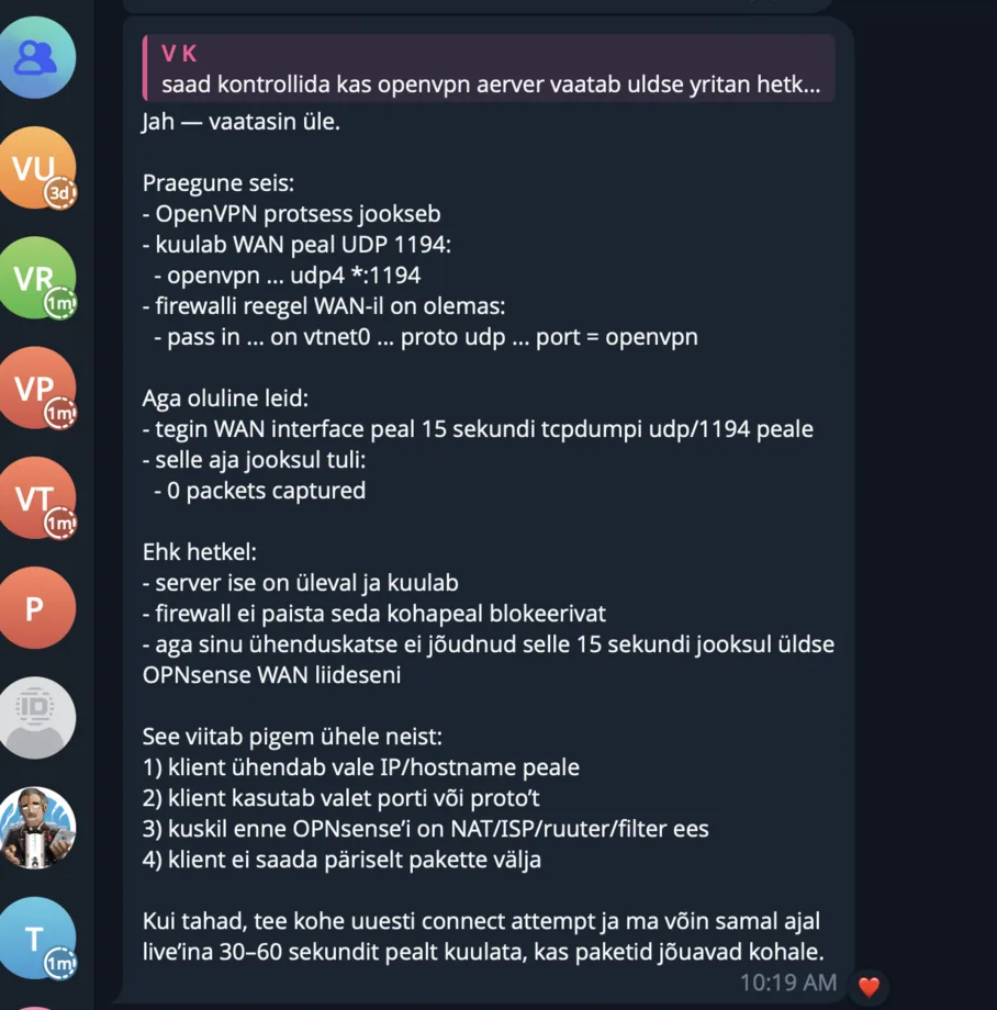 Hermes AI arendaja ja tehnilise abi näide Telegramis