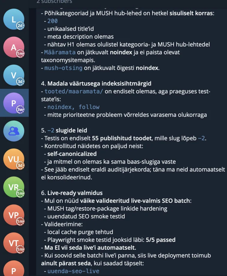 Hermes AI öise SEO raporti näide Telegramis